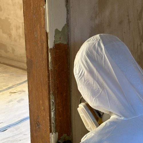 Ein Mensch im Schutzanzug bei der Begutachtung der Innenräume vor der Restaurierung
